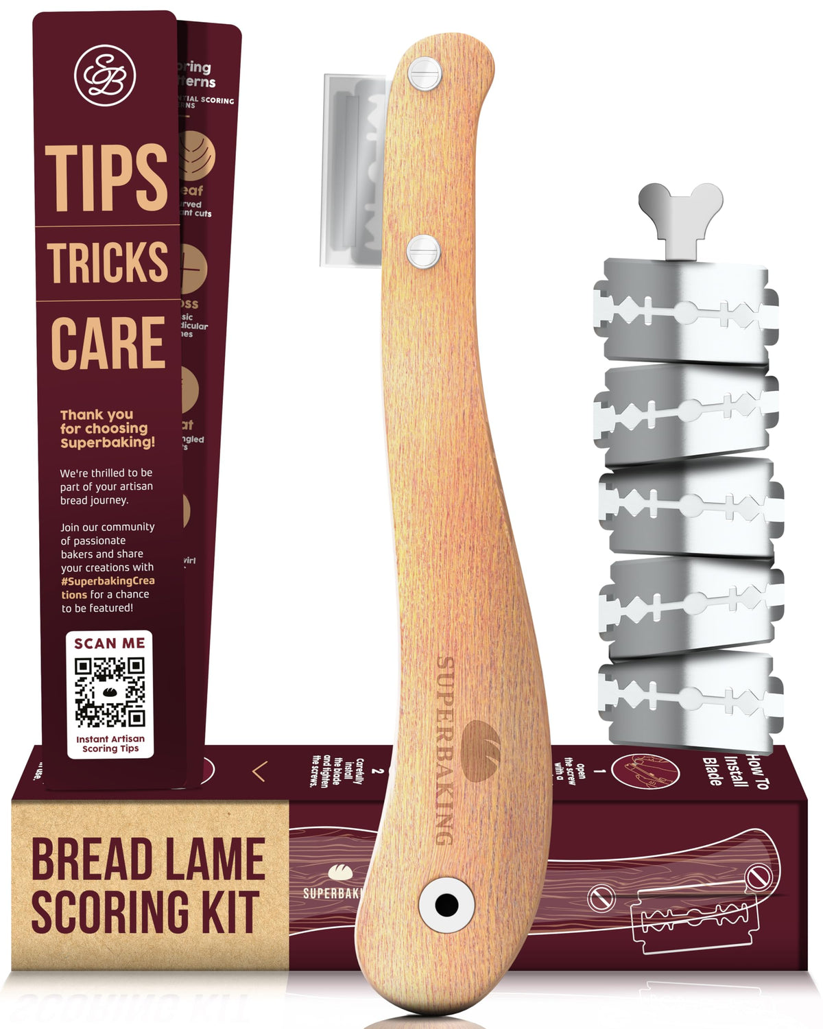 Superbaking bread-lame with 195mm handle for comfortable scoring of large loaves.