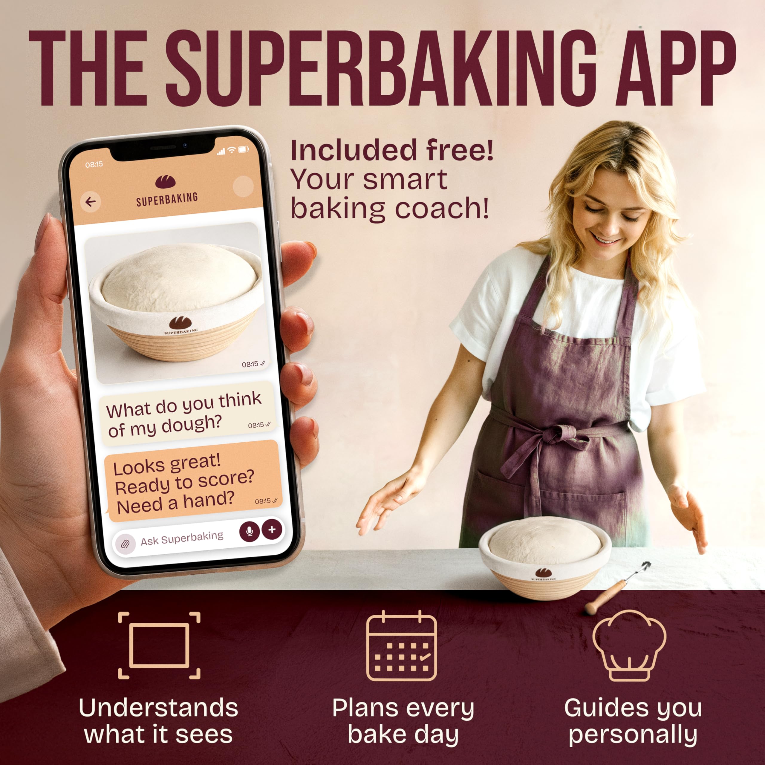 Superbaking wooden-handled dough scraper for clean dough cutting.