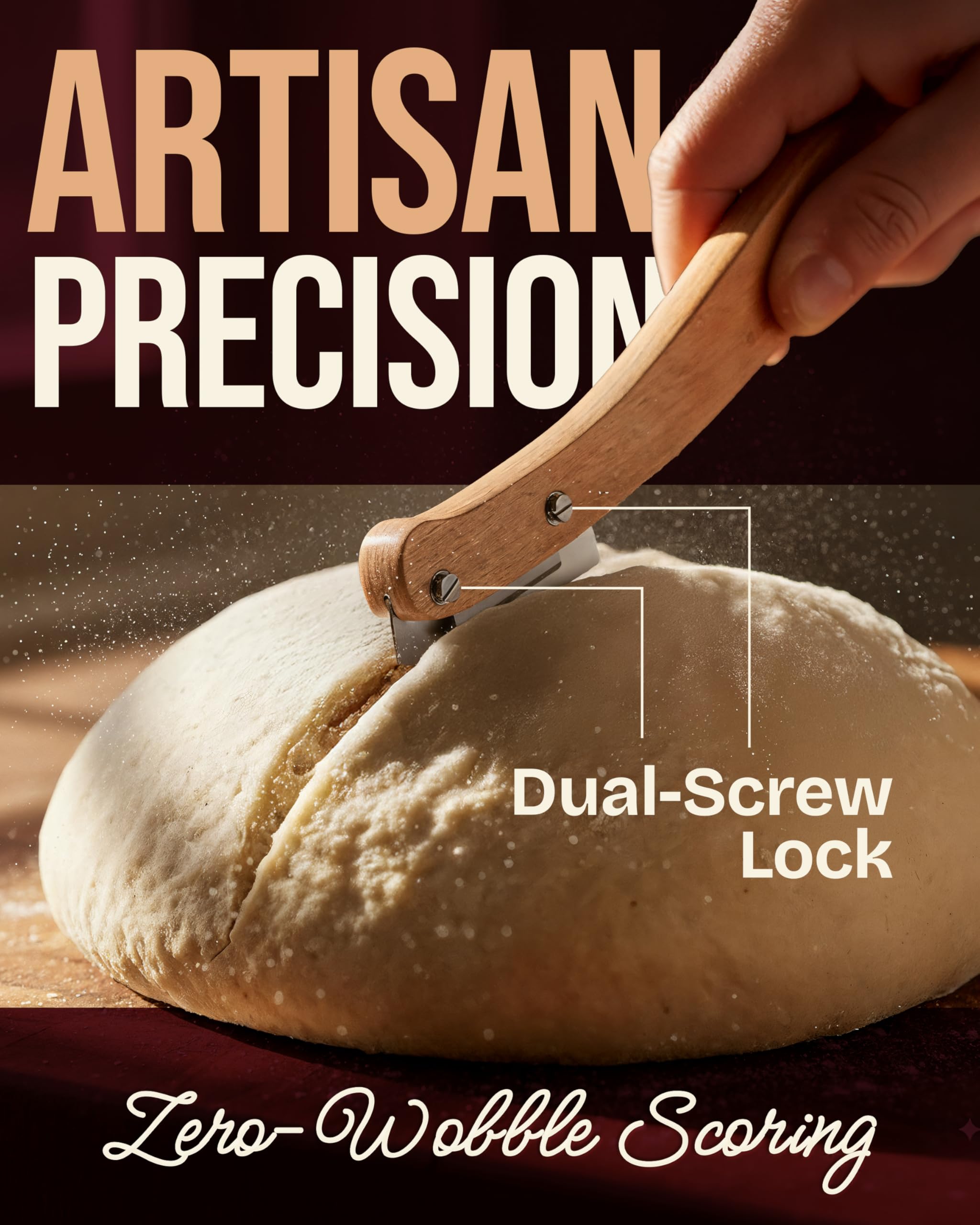 Durable beech wood handle on Superbaking lame offers steady control during scoring.
