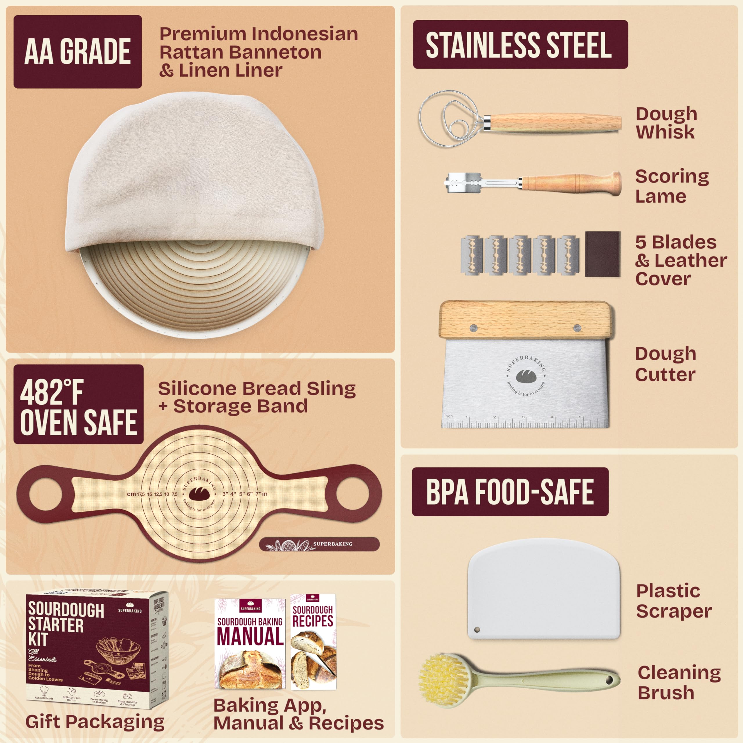Superbaking silicone dough sling enables clean, non-stick transfer from proofing to oven.