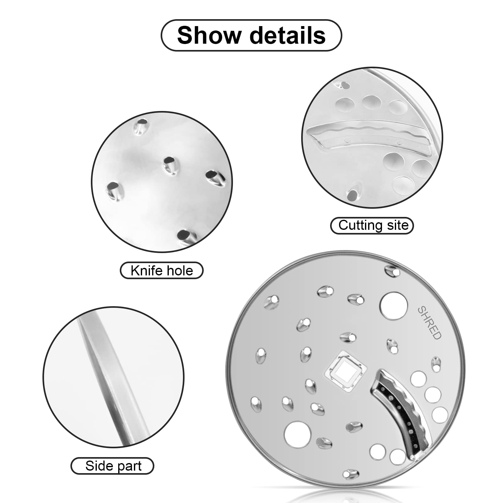 Superbobi slice shred disc blade shredding cheese into even textures for toppings
