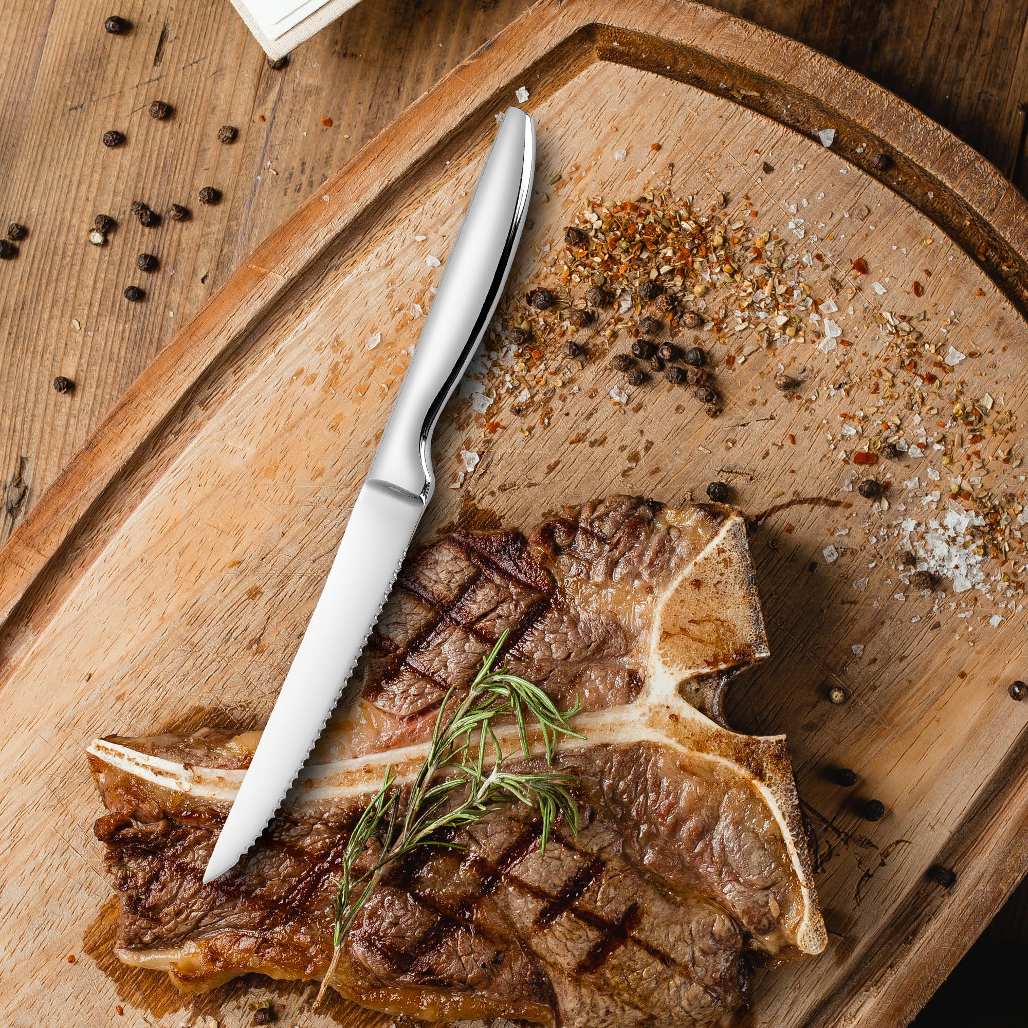 SuperCook serrated steak knife closeup on table showing table-ready edge