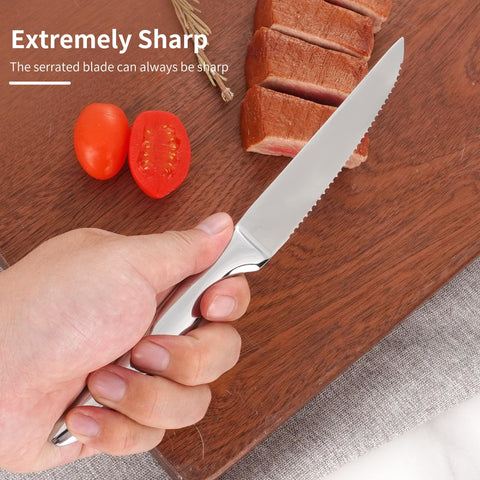 SuperCook steak knife set 8 on block showing organized storage and ready access