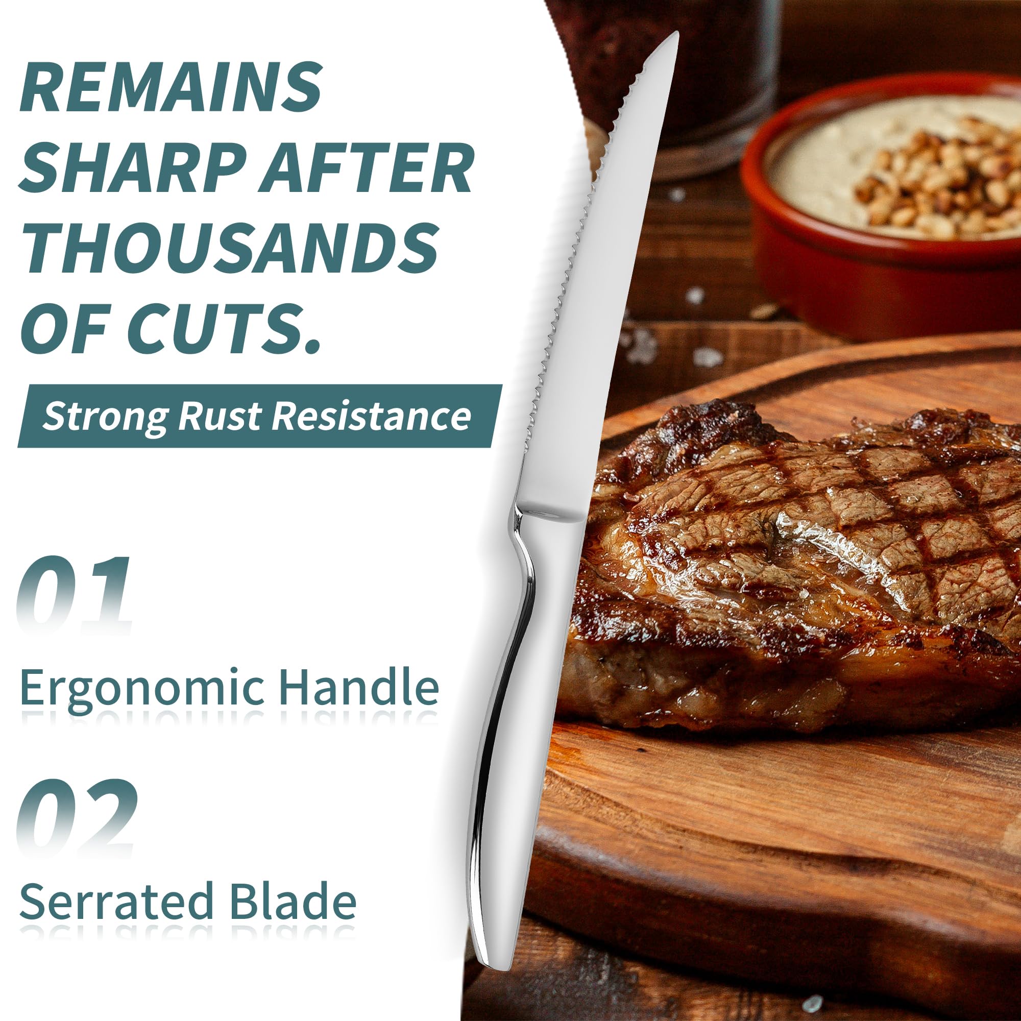 SuperCook steak knives set 12 serrated edges for effortless slicing.
