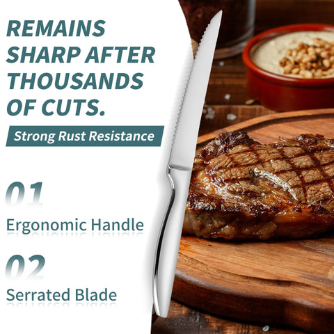SuperCook steak knives set 12 serrated edges for effortless slicing.