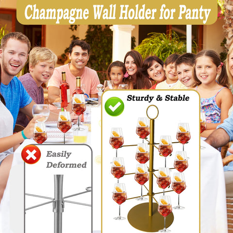 Superjackwang Champagne Tower Stand with gold finish adds elegant ambiance.