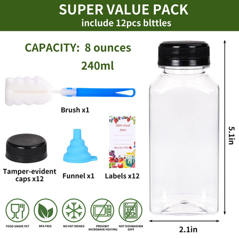 SUPERLELE clear juice bottles with labels for easy drink customization.