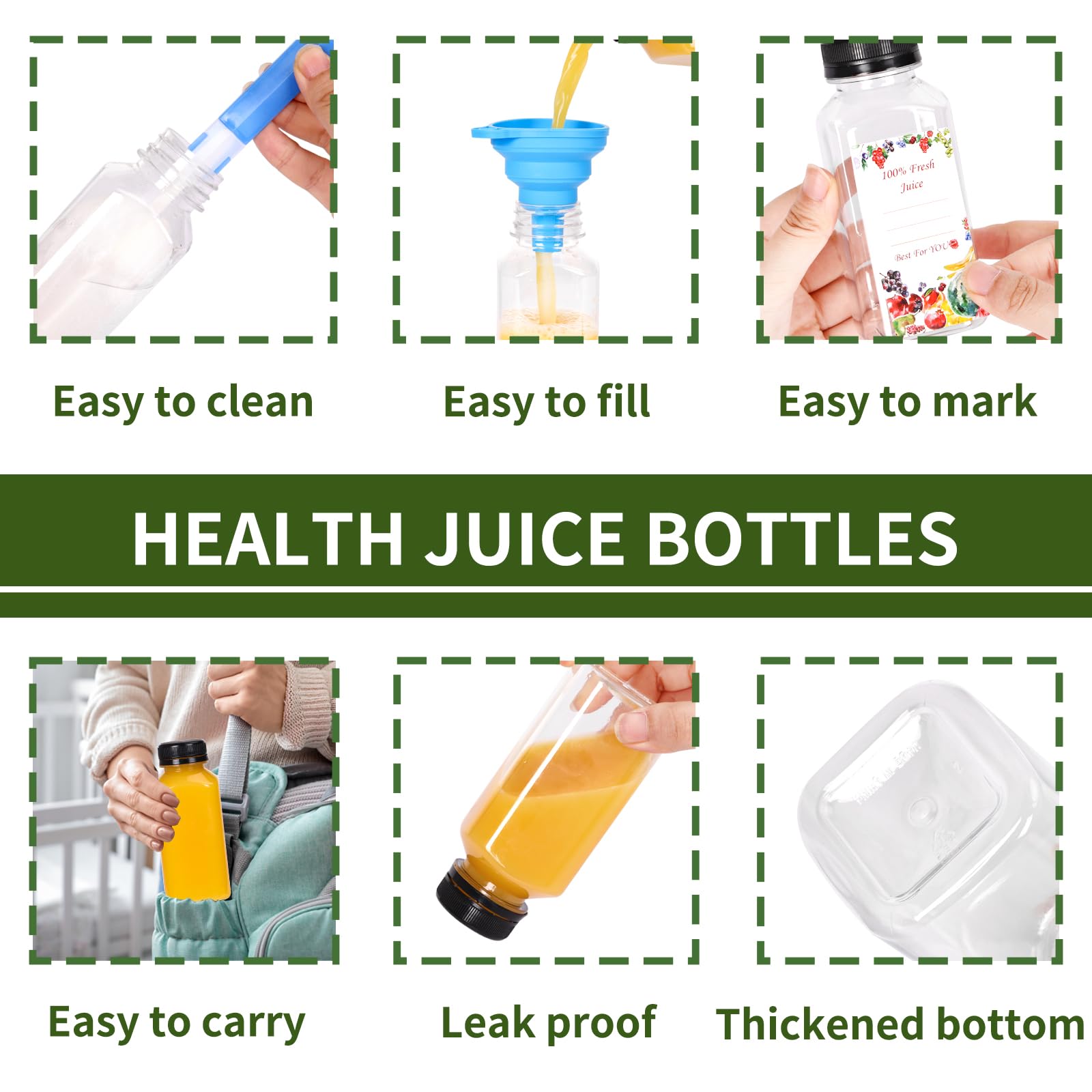 SUPERLELE juice bottle funnel and brush for easy cleaning.