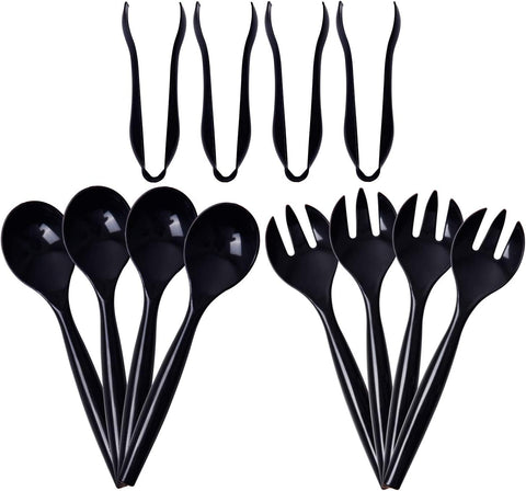 Supernal 72pcs tongs in black plastic, ideal for buffet service and easy disposal.