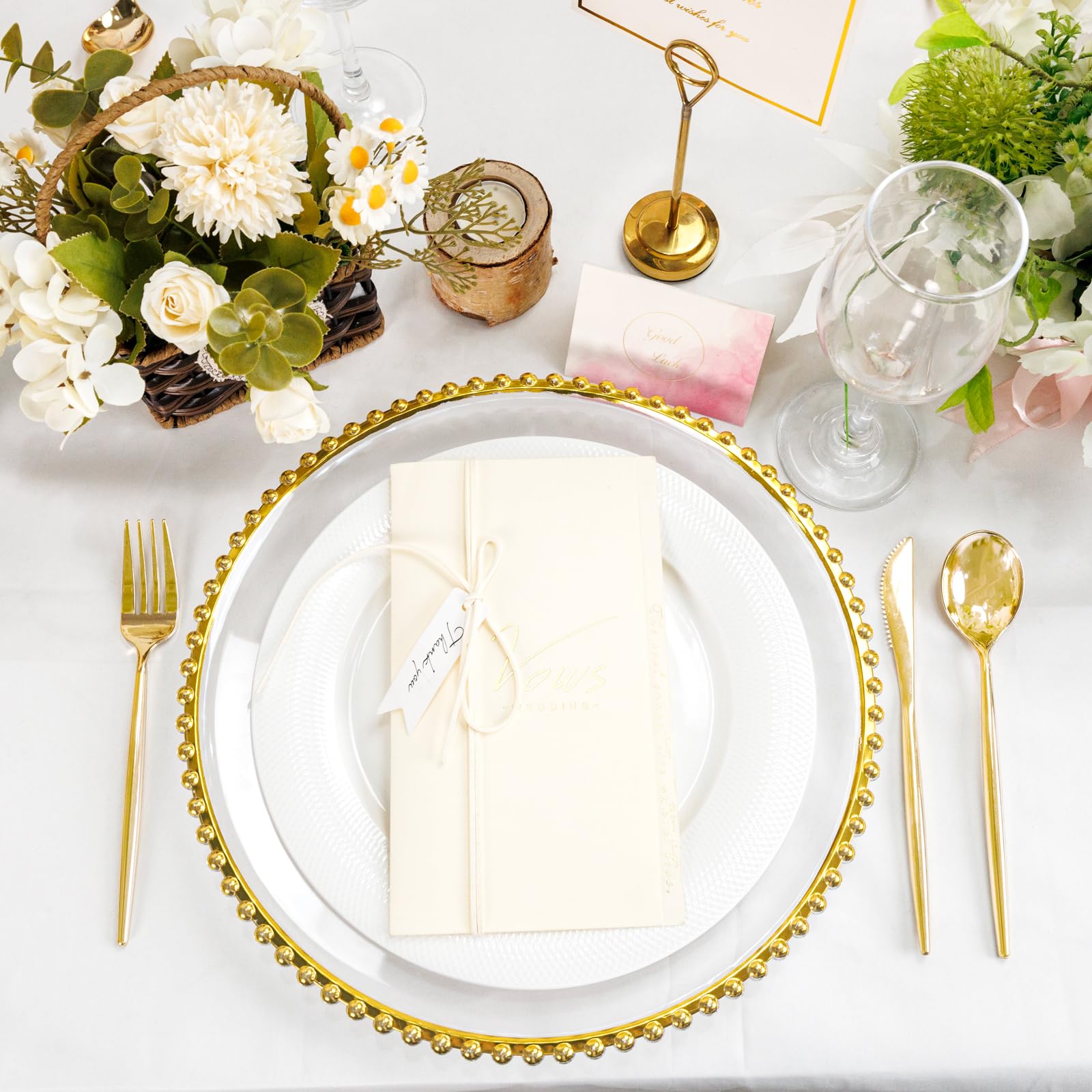 Effortless cleaning and stacking with Supernal gold beaded chargers.