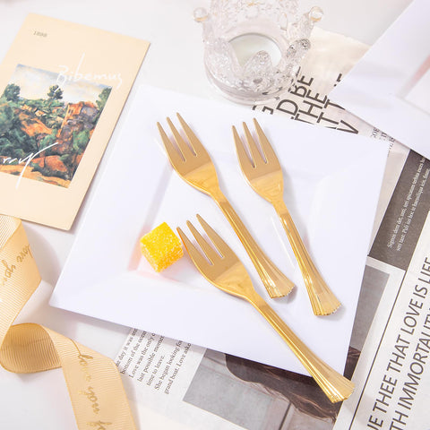 Close-up of Supernal gold-accent dinnerware with dessert plates