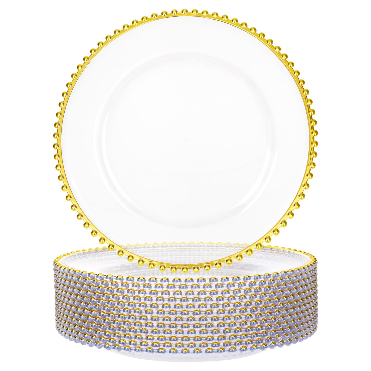 Supernal gold beaded charger plates 12-pack elevate wedding table decor.