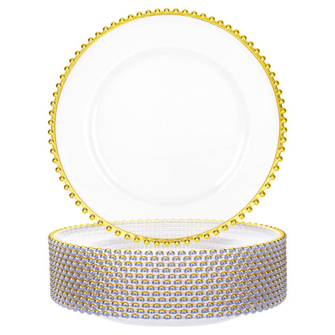Supernal gold beaded charger plates 12-pack elevate wedding table decor.