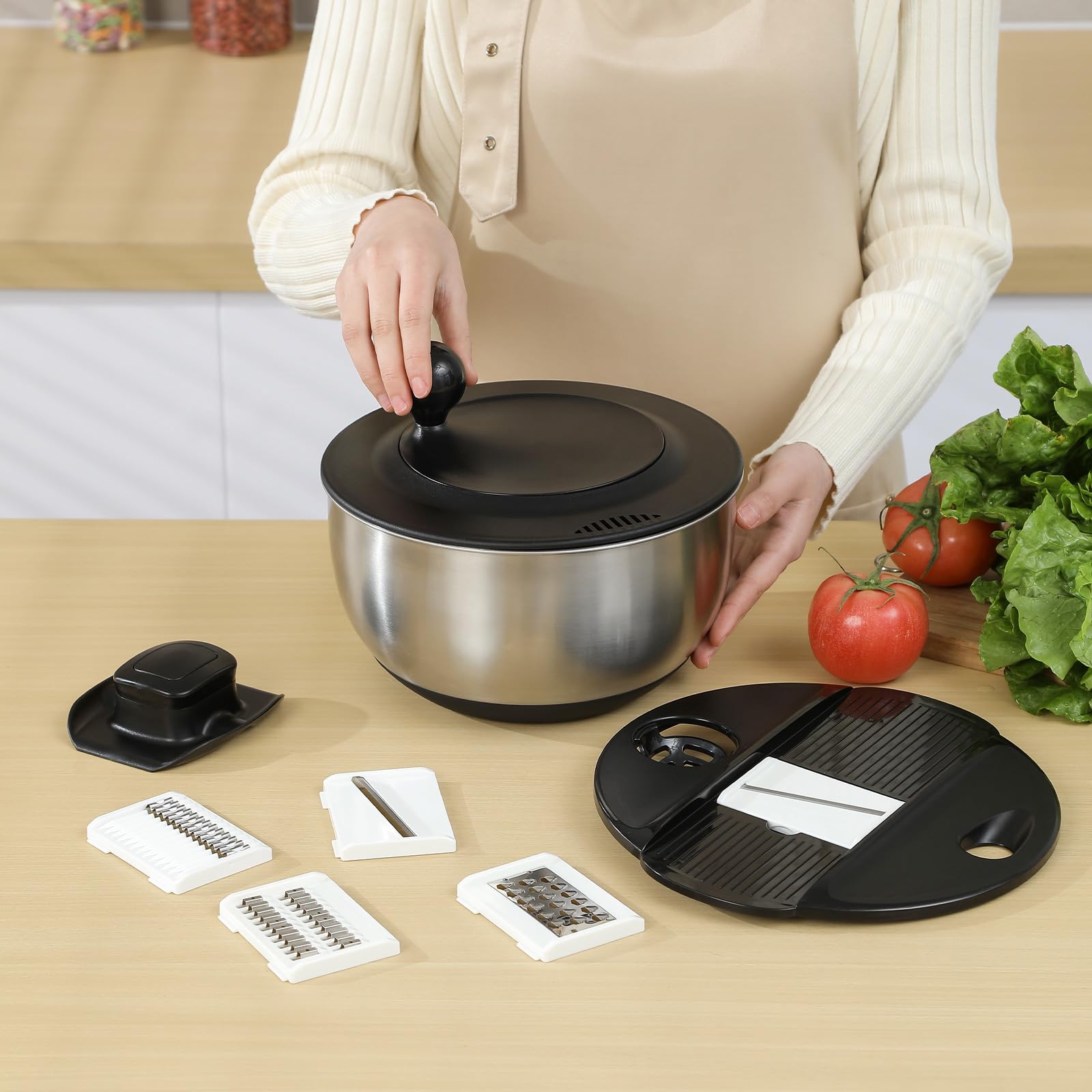 Supernal salad spinner with 5.3 qt stainless bowl for quick, mess-free washing.