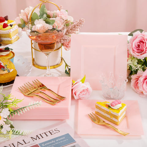 Supernal pink square plates 6in edge closeup for formal party presentation