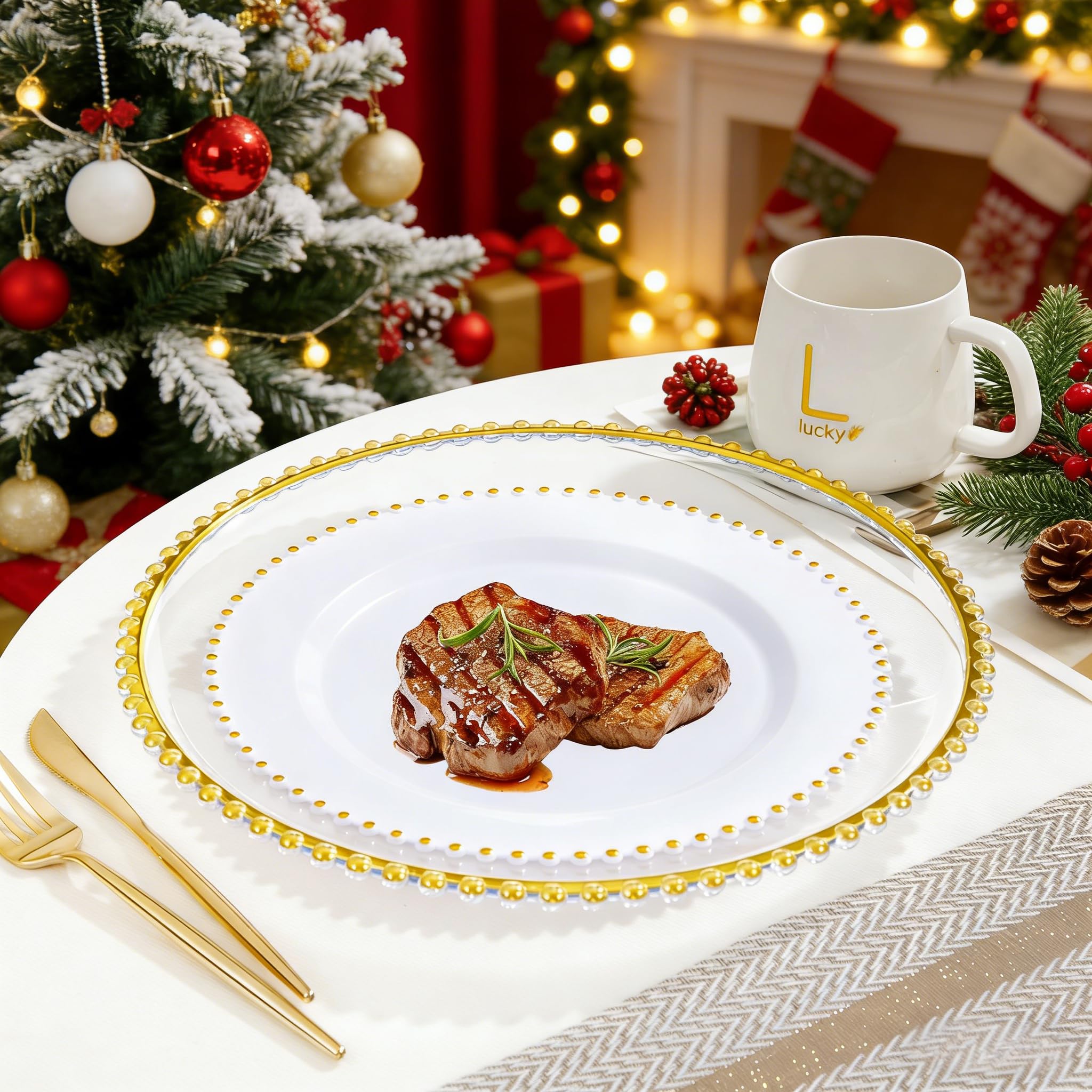 Supernal chargers on a wedding table enhance decor and sophistication.