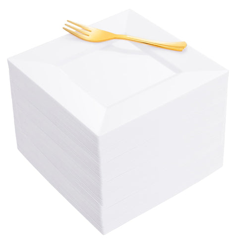 Supernal white 6-inch dessert plates with gold forks on table for elegant dessert service