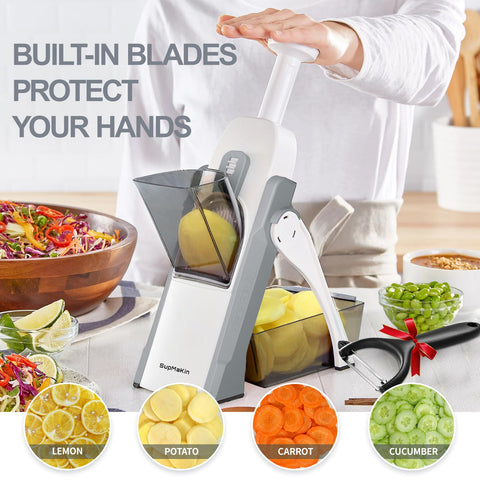 SupMaKin mandoline with non-slip base stays steady during slicing.