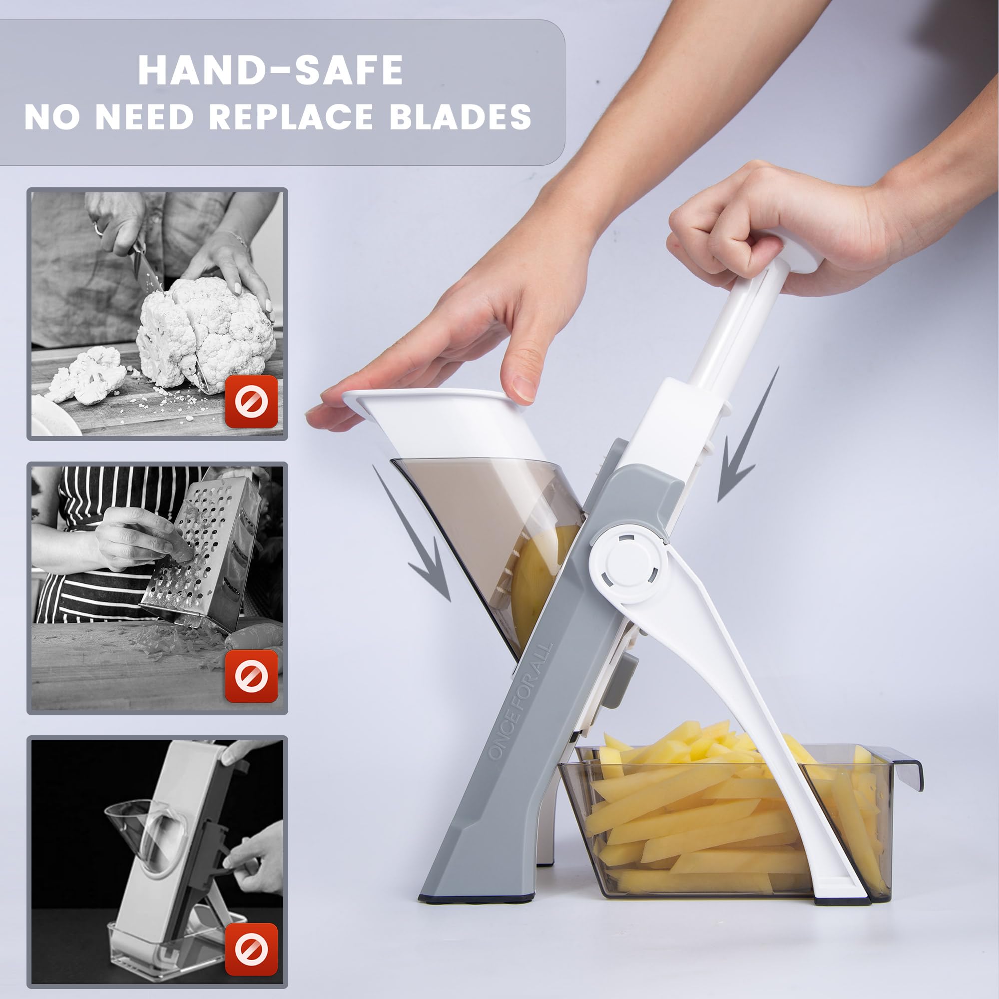 SupMaKin safe mandoline slicer in action slicing vegetables evenly for salads.