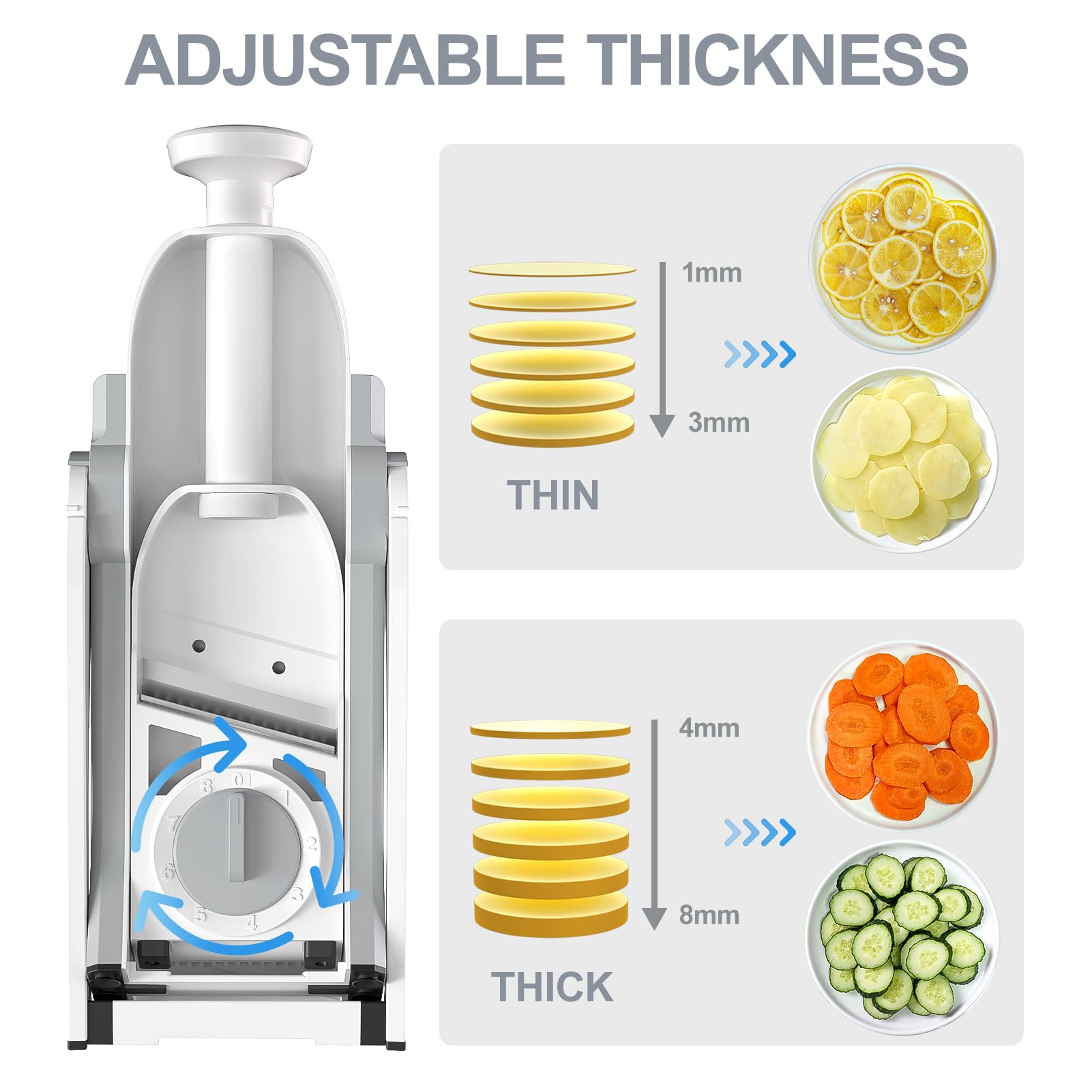 SupMaKin Safe Mandoline Slicer adjustable thickness dial set to 0.1-8 mm for precise cuts.