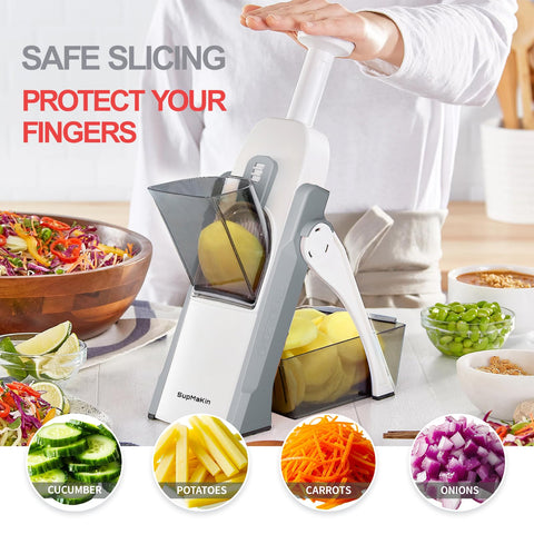 SupMaKin Safe Mandoline Slicer adjustable thickness dial enables precise cuts.