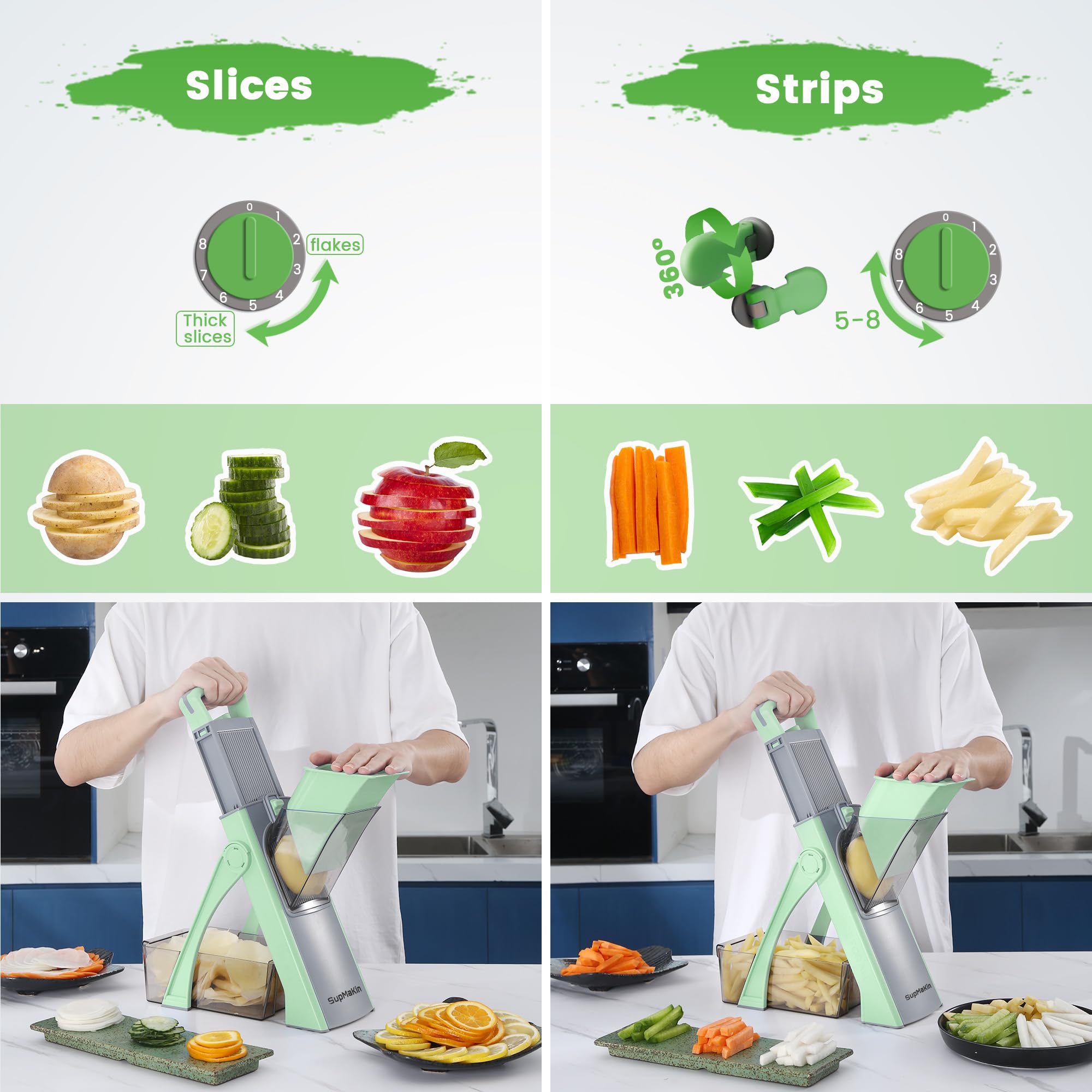 SupMaKin Upgrade Safe Mandoline stainless steel blades deliver precise, even cuts.