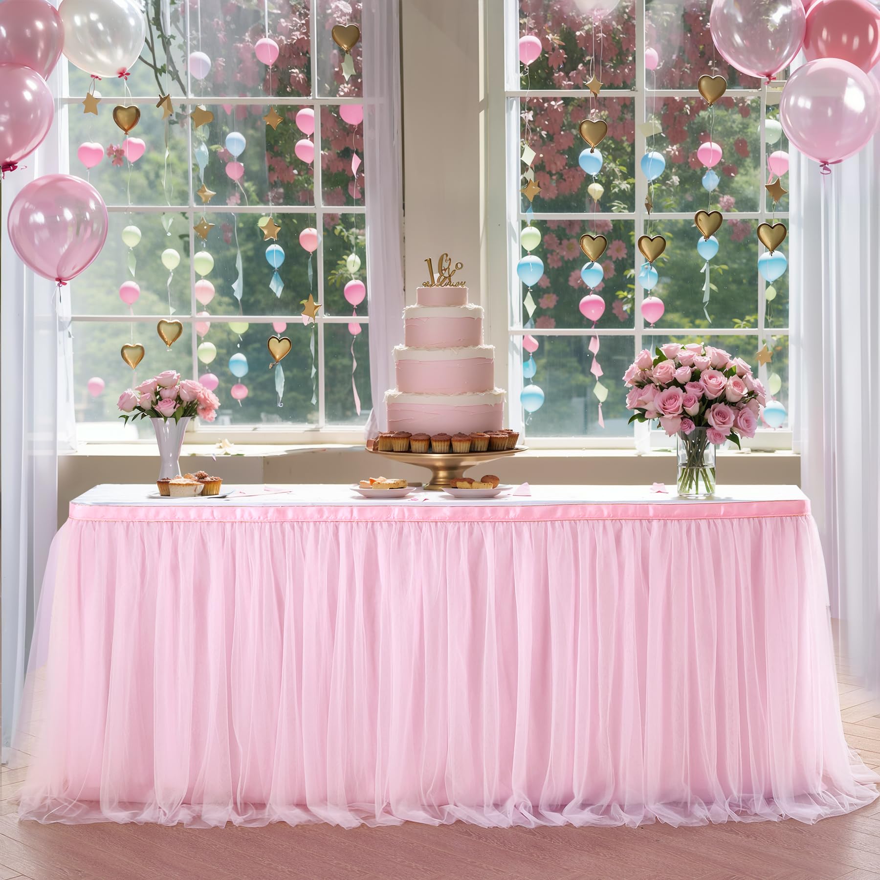 Suppromo 6ft pink tulle table skirt draped on round table for festive decor