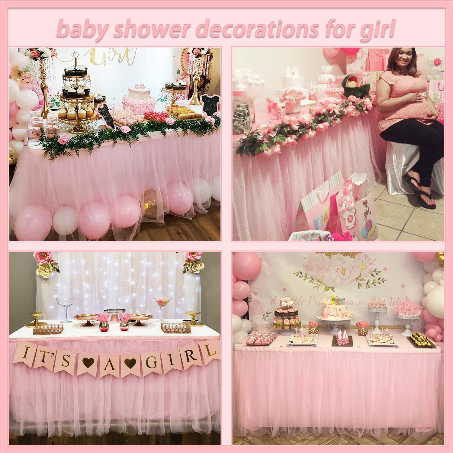 Suppromo pink ruffle table skirt with hook for quick setup