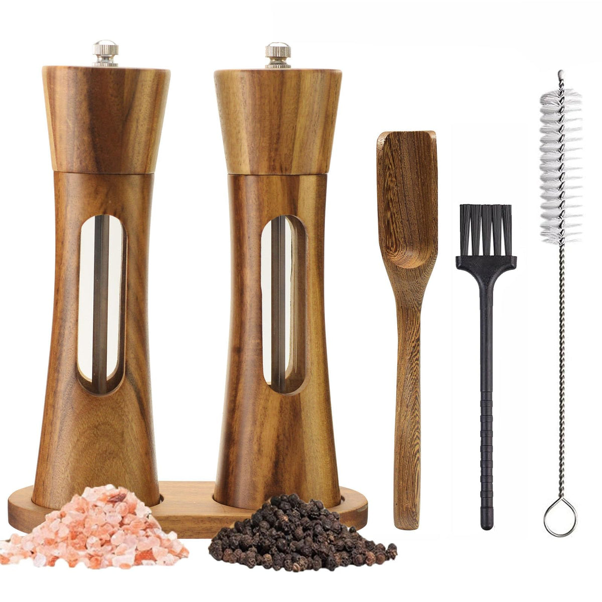 SUPRNN 8-inch wooden salt and pepper grinders set with clear window for quick checks