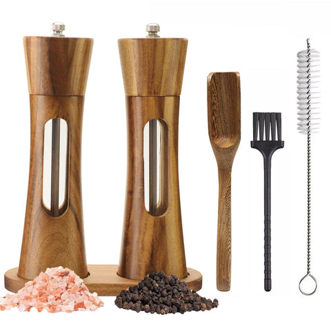 SUPRNN 8-inch wooden salt and pepper grinders set with clear window for quick checks