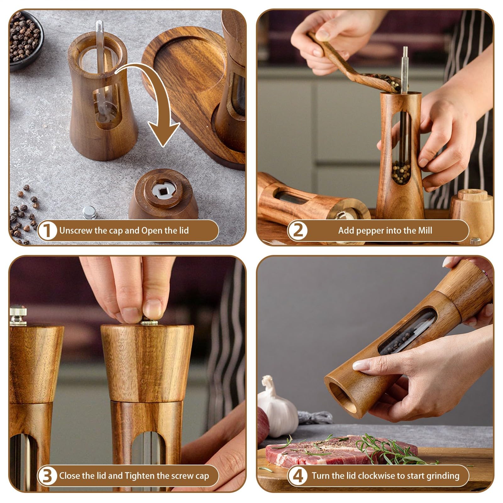 SUPRNN 8-inch spice mills suitable for salt, pepper, and more