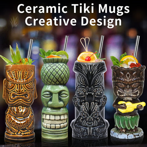 Durable ceramic tiki mugs with glossy glaze for Hawaiian party vibes