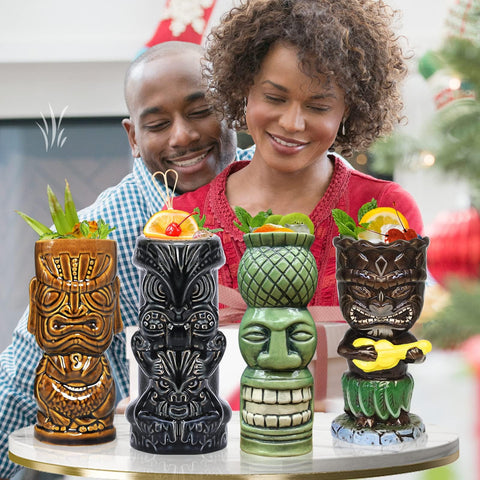 Four-pack tiki mugs from SuproBarware for home tiki-bar styling