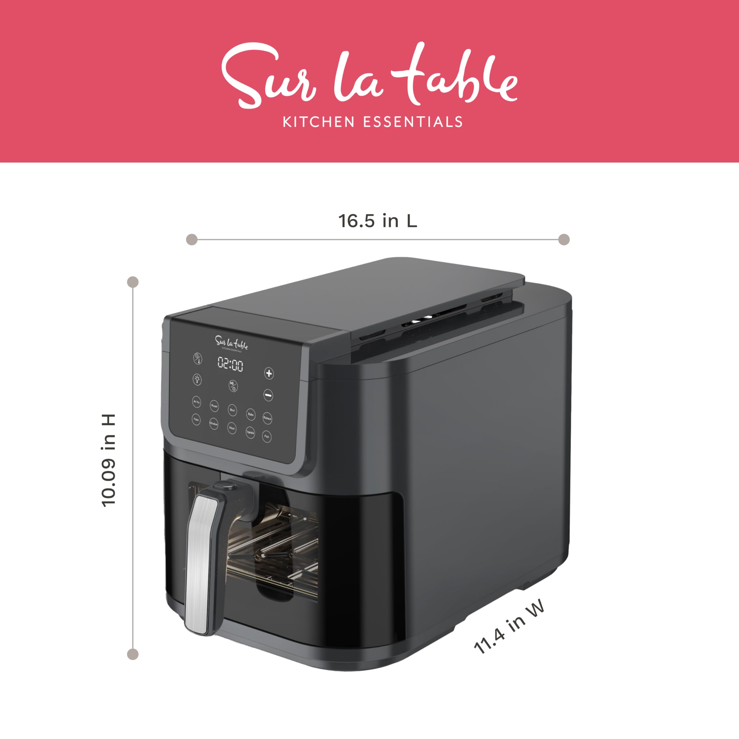 Sur La Table Kitchen Essentials 5-in-1 versatility, air fry, bake, roast, broil, reheat.