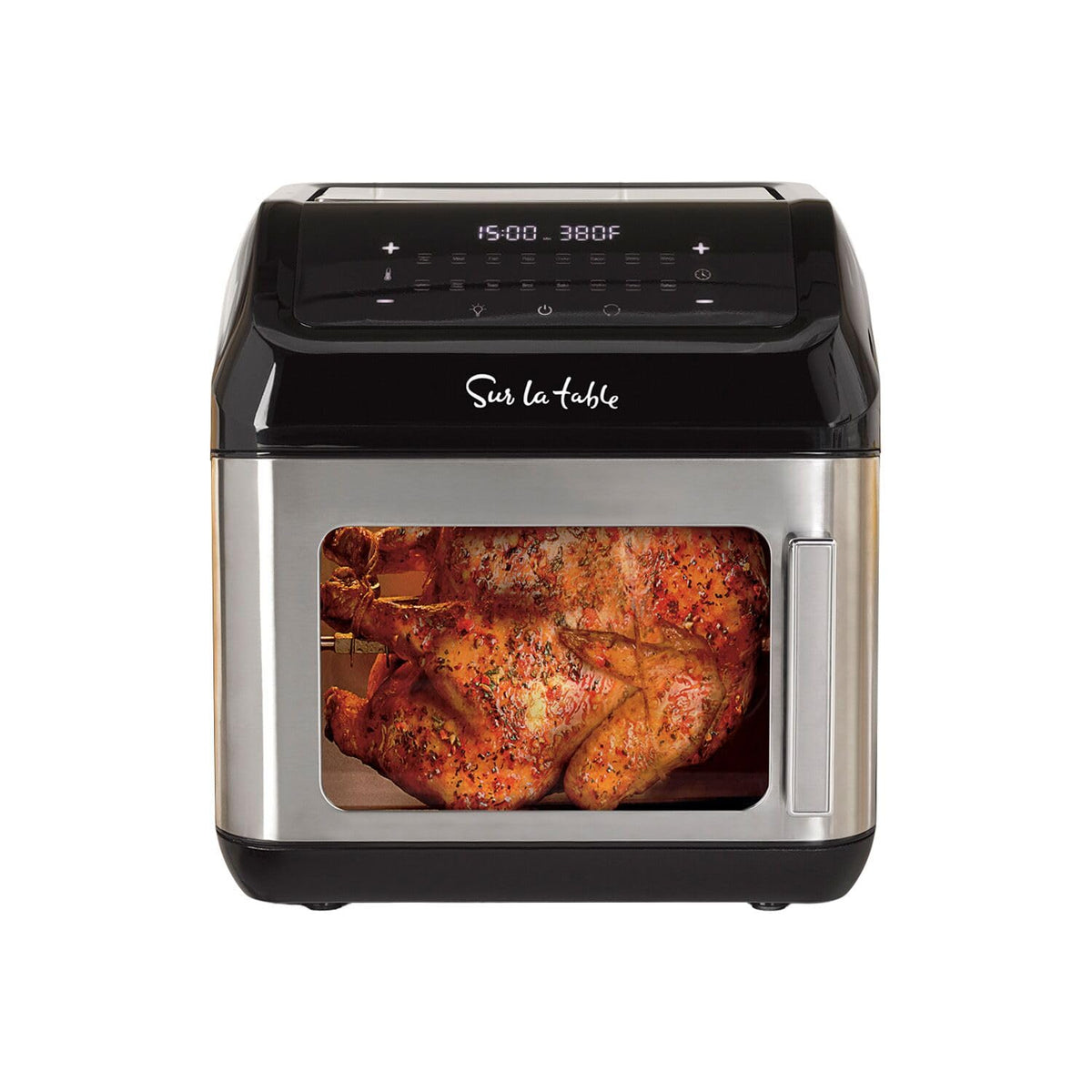 Sur La Table left hinge air fryer interior view for easy loading of meals