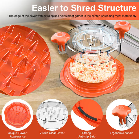 SURETIVIAN chicken shredder large orange lid with spikes for meat gathering.