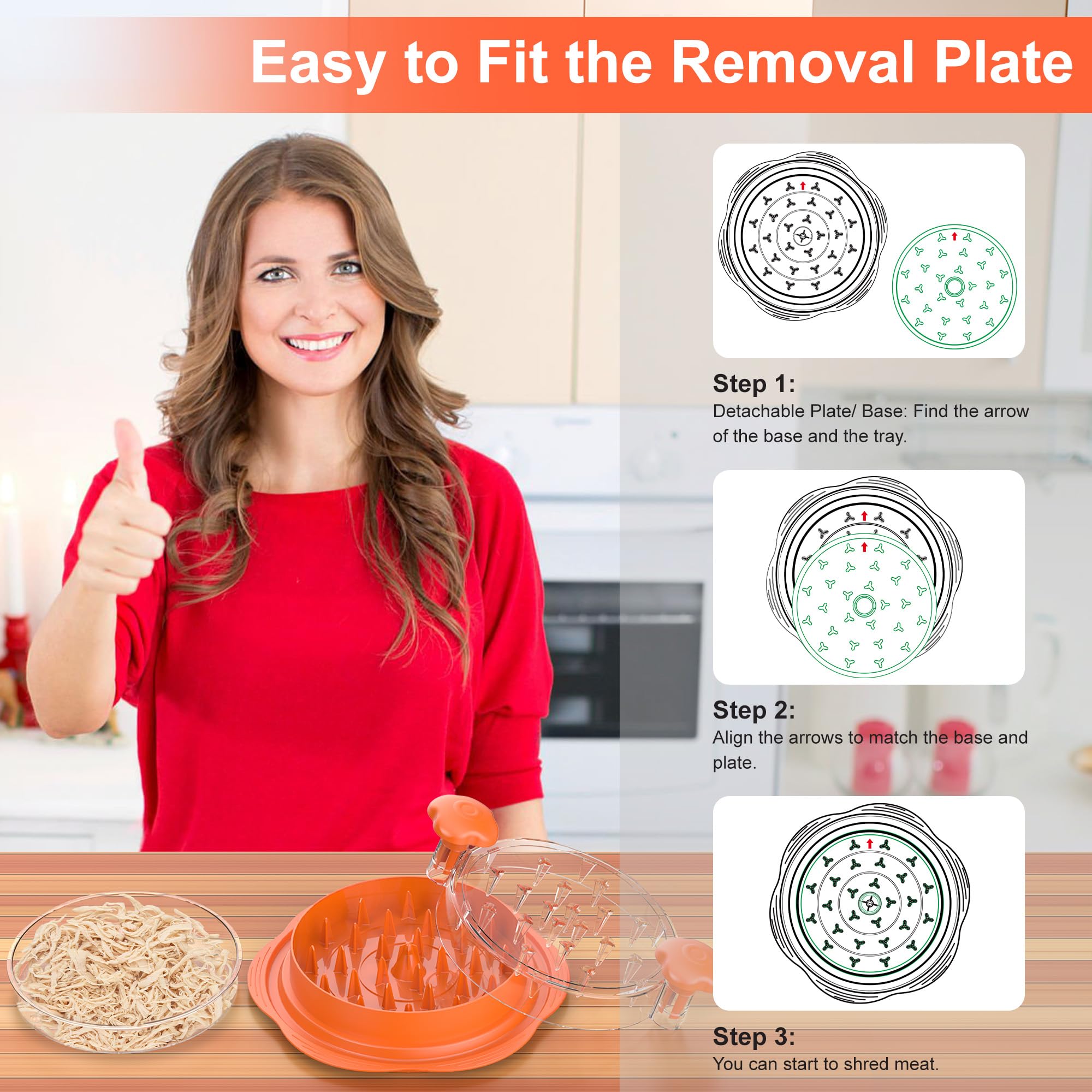 Suretivian removable plate allows tidy pouring of shredded meat.