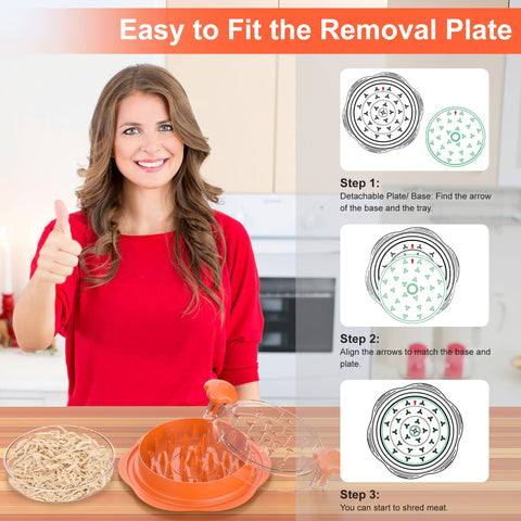 Suretivian removable plate allows tidy pouring of shredded meat.