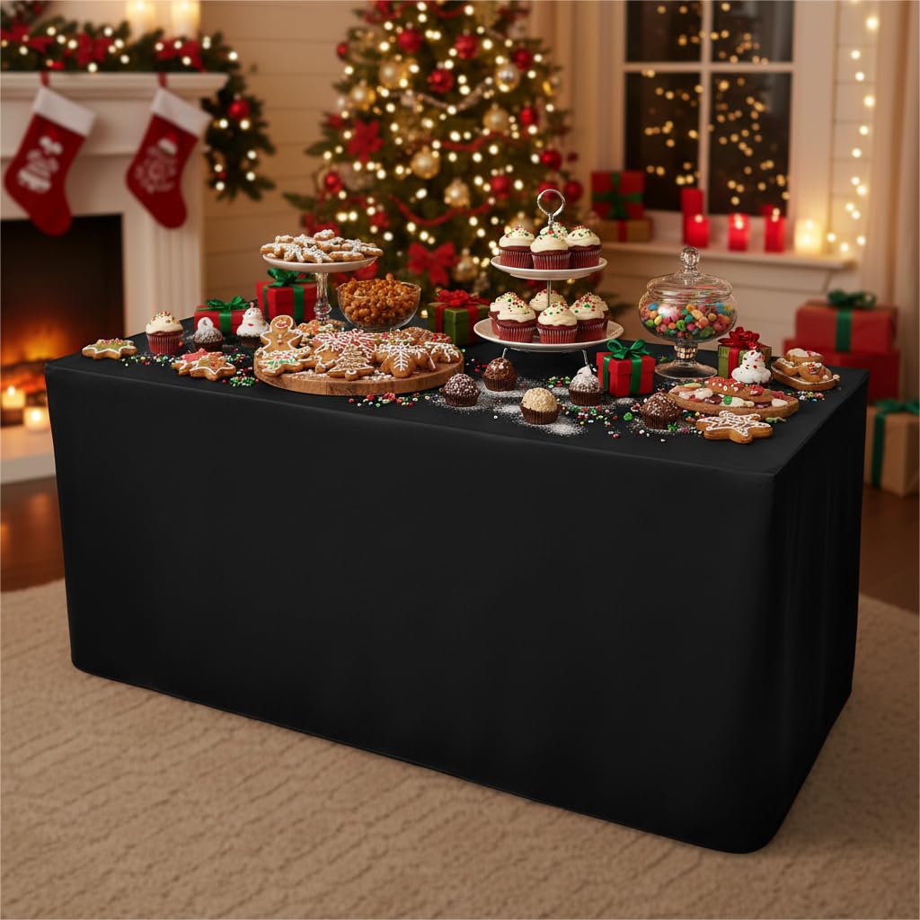 Surmente polyester black 6ft tablecloth offers easy care and durability.