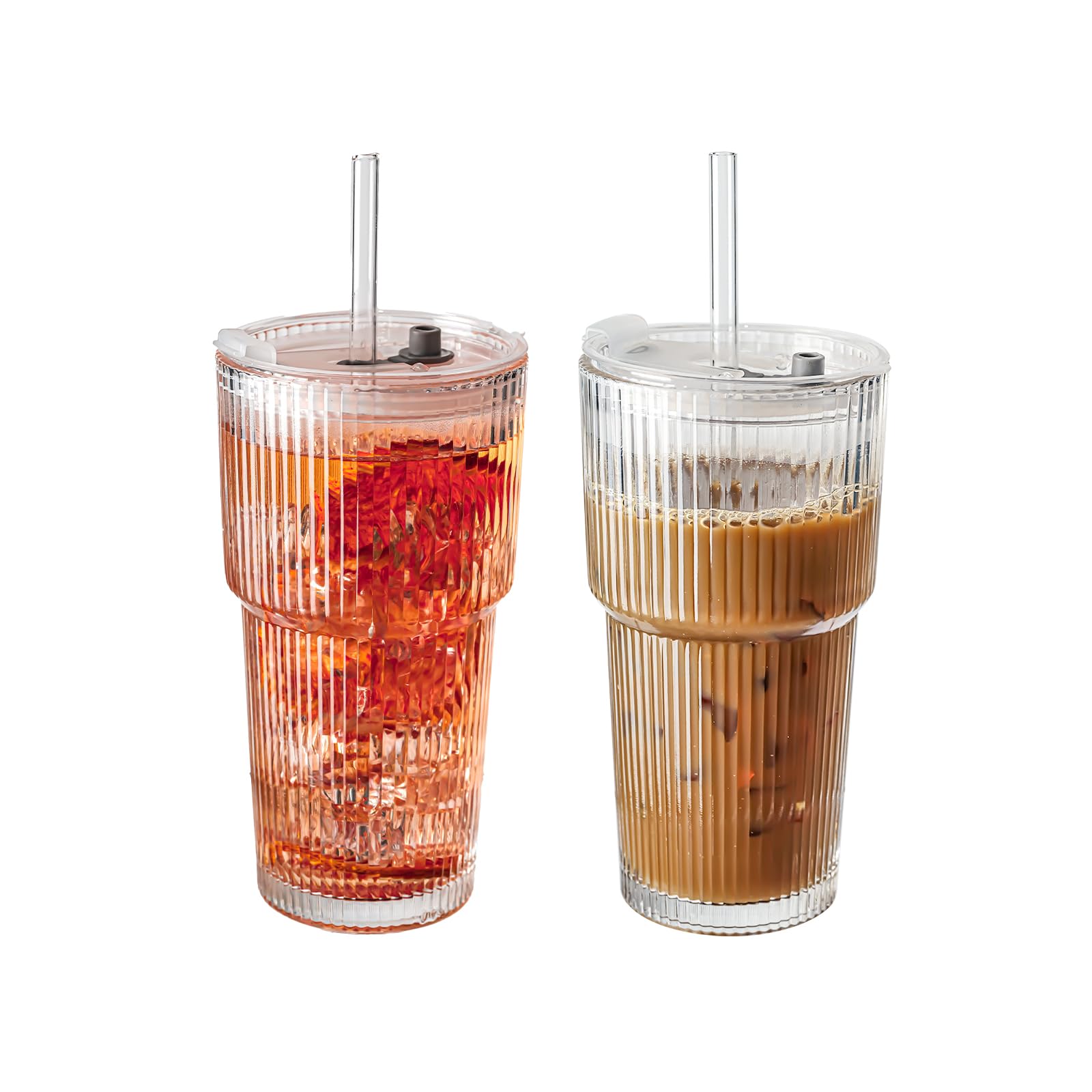 Suroque 20oz ribbed glass tumbler front view with lid, ideal for on-the-go cold drinks.