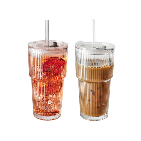 Suroque 20oz ribbed glass tumbler front view with lid, ideal for on-the-go cold drinks.