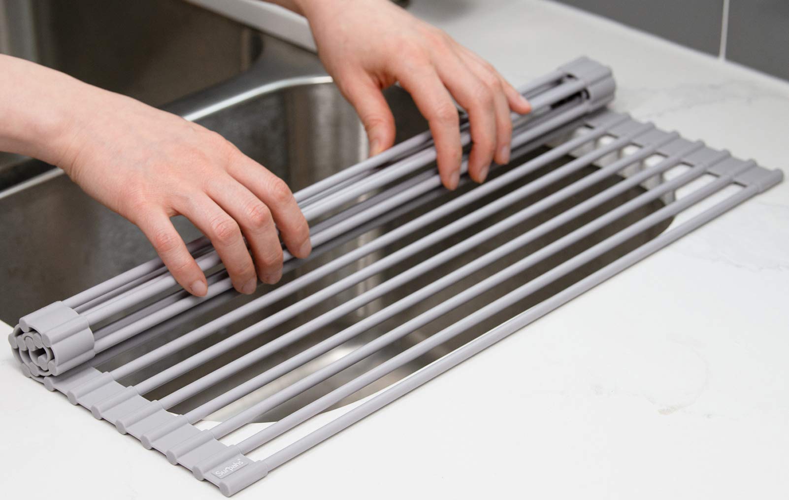 Surpahs roll-up dish drying rack is dishwasher-safe for simple cleanup.