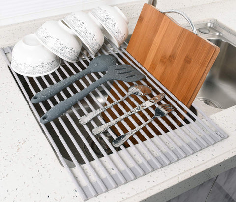 Surpahs roll-up dish drying rack fits sinks up to 16.5 inches wide.