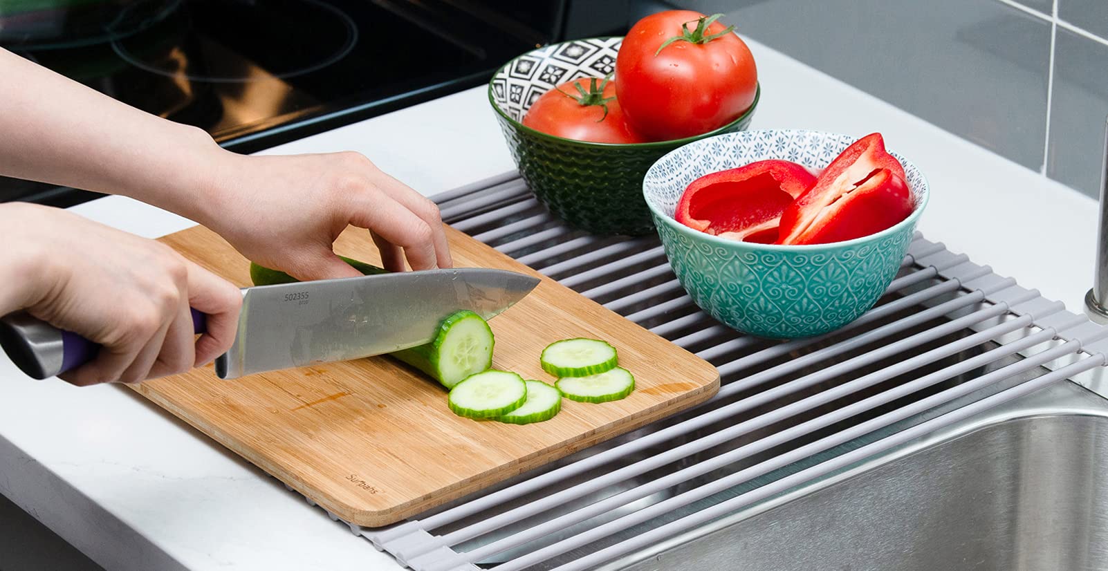 Surpahs Roll-Up Rack's warm gray design complements modern kitchens.