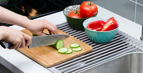 Surpahs Roll-Up Rack's warm gray design complements modern kitchens.