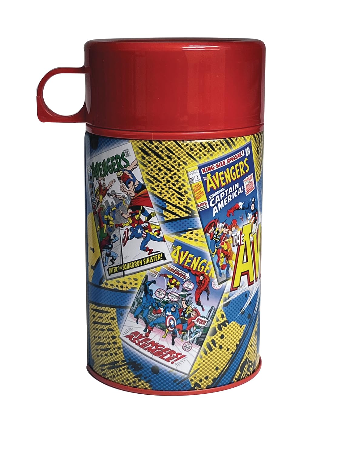 Surreal Entertainment Avengers lunchbox open view fits the beverage cup securely.