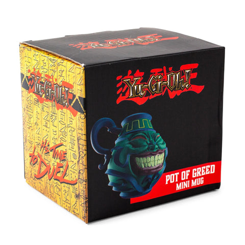 Surreal Entertainment Pot Of Greed mini mug with blue flourishes, adding vibrant decoration to your coffee nook.