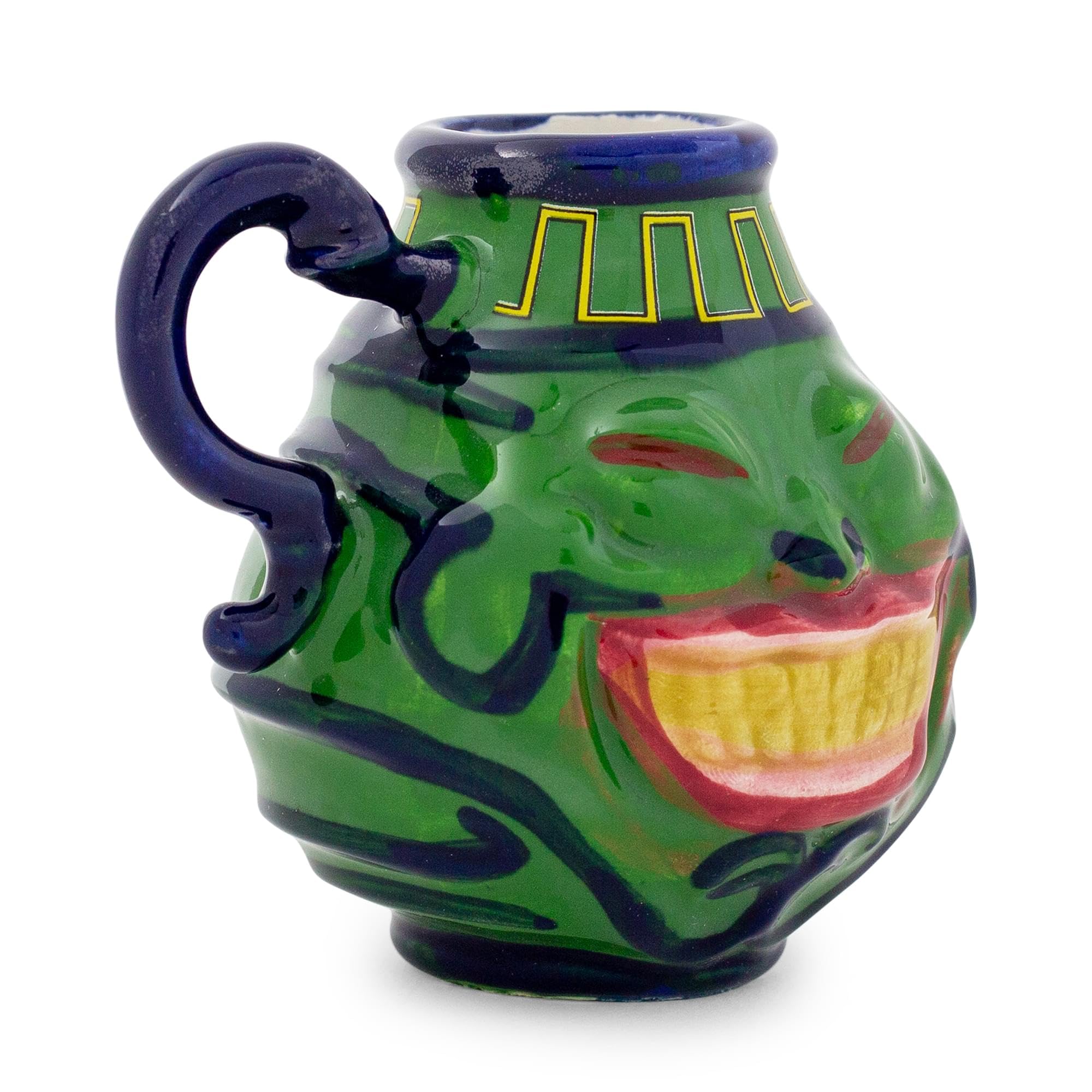 Surreal Entertainment Pot Of Greed mini mug close-up highlighting red eyes and grin for a bold desk accent.