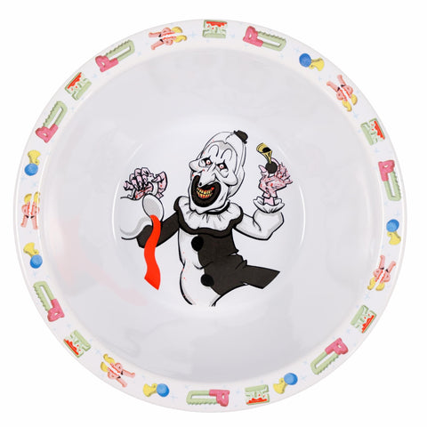 Surreal Entertainment Terrifier 2 Art Crispies bowl close-up on Art the Clown art.