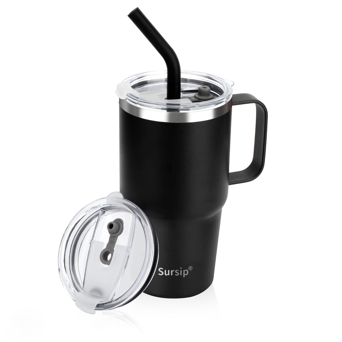 Sursip 24oz insulated cup with handle keeps drinks at ideal temp during travel.